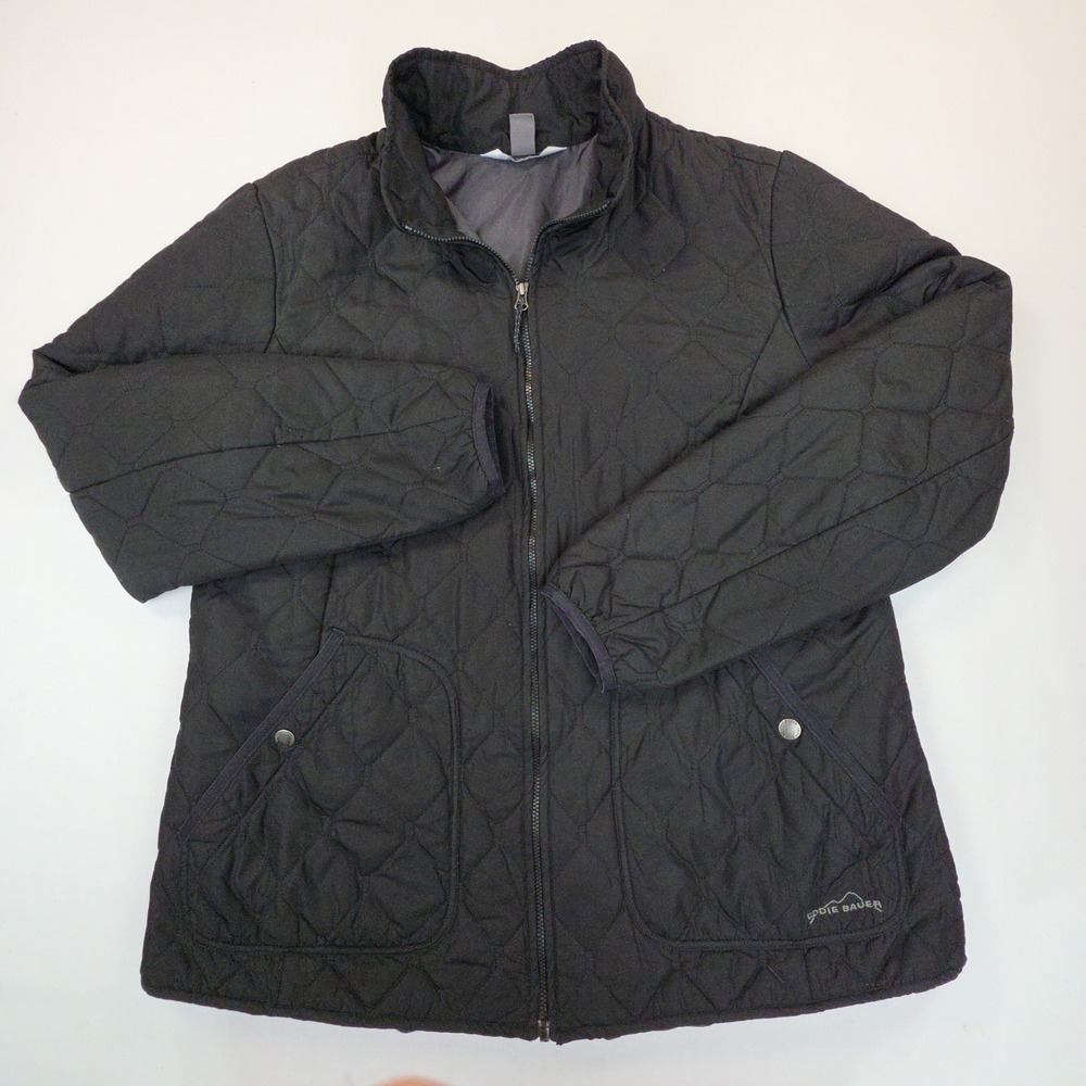 Eddie Bauer Quilted Zip Up Jacket Women XL Black Lightweight Polyester Outerwear